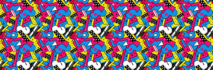 Seamless pattern with geometric shapes in the style. Multicolored vintage background with triangles, circles and squares for textile, fabric and Sudanese fabric art. 