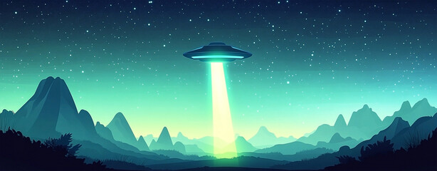 Cartoon illustration of a flying saucer with a light beam over a landscape at night time