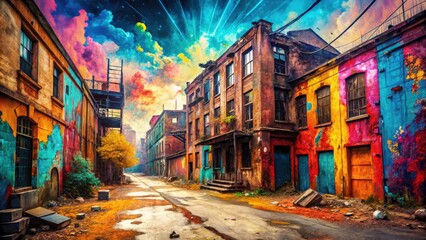 Fototapeta premium Vivid brush stroke backgrounds enhance high-resolution PNGs of urban exploration photography.