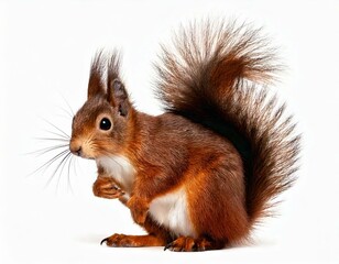 Fototapeta premium Eurasian red squirrel - Sciurus vulgaris (2 years) in front of a white