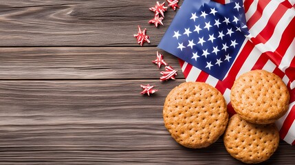 Obraz premium Patriotic Treats and American Flag on Rustic Wood Background
