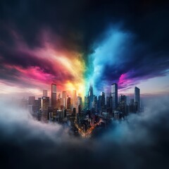 Obraz premium Vibrant Cityscape Under Dramatic Clouds with Colorful Light Effects Illuminating Urban Skyline at Dusk
