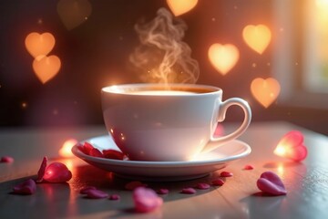 Obraz premium A delicate cup of coffee with glowing hearts and soft, ethereal light, scene, ethereal