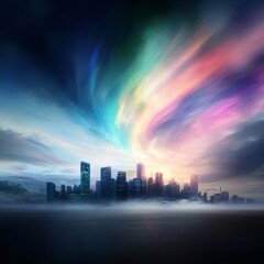 Fototapeta premium Breathtaking Cityscape with Dramatic Sky Illuminated by Vibrant Colors and Ethereal Light, Showcasing Urban Architecture Amidst a Mystical Atmosphere