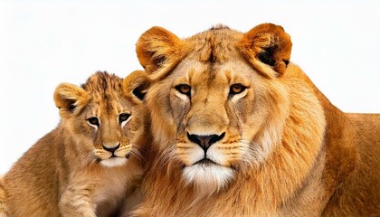 Obraz premium Family of lion, adult and cub, isolated. Wild cat isolated on white