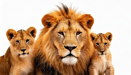 Family of lion, adult and cub, isolated. Wild cat isolated on white