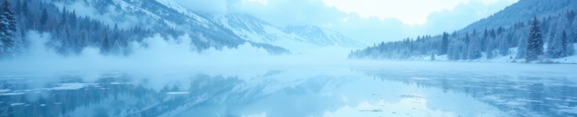 Fototapeta premium Glacial blue mist hovering over a frozen lake surface, frost, frozen tundra, wintry scene