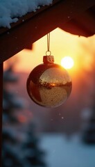 A golden Christmas ball hanging from the eaves of a roof during sunset, glow, sun, golden