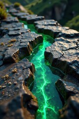 Fototapeta premium Green opal chryzopal veins in natural landscape, mineral deposits, ancient rocks