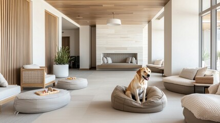 Comfortable hotels for pet-friendly vacations. Spacious modern room with a dog resting on a cozy bed.