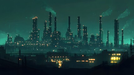 A city skyline with a dark sky and smoke coming from the buildings. Scene is eerie and ominous