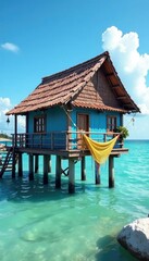 Fototapeta premium Colorful fishing net and blue stilts holding up a small bungalow, bungalow, blue