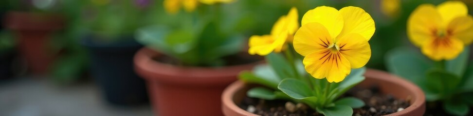 Obraz premium Colorful yellow pansy flower in a small garden pot, blossoms, garden, pots