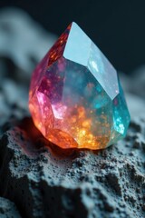 Colorful topaz crystal isolated on a gray granite stone, mineralogy, gray background, abstract