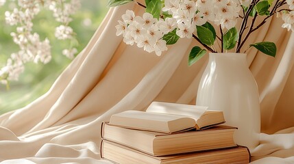 Peaceful White Blossoms in Sunlight with Books and Sheer Curtain