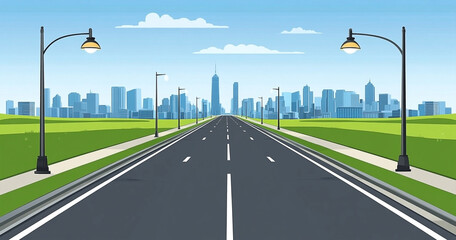 A straight road with street lamps on both sides leads towards a modern city skyline under a clear sky