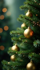 Obraz premium Fir tree branches decorated with gold ornaments, garlands, and mistletoe in a soft focus background, fir, festive