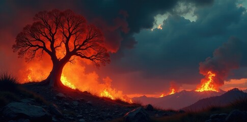 Flames engulfing a darkened sky with twisted, glowing tree branches, burning, ruin