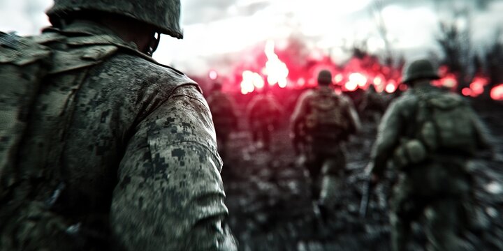 aged war photo with soldiers on battlefield