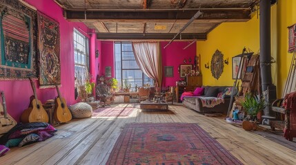 Obraz premium A creative artist's loft with bold color-blocked walls, vibrant decor, and eclectic furniture