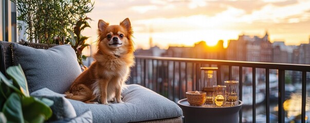 Comfortable hotels for pet-friendly vacations. A dog relaxing on a balcony during a sunset.