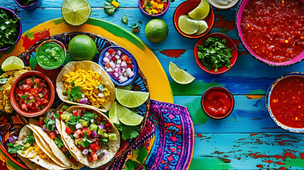 Fototapeta premium colorful mexican food and ingredients on rustic blue tabletop