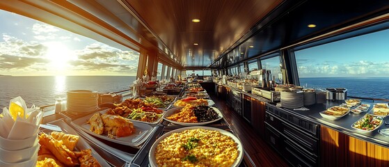 On the luxury abstract cruise ship, the dining room buffet provides a wide-ranging display of exquisite culinary options.