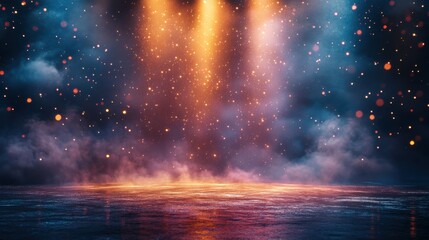 Fototapeta premium Dramatic stage lighting with sparkling particles and mist creating an enchanting atmosphere