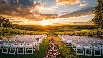 sunset wedding ceremony in vineyard with flower aisle and white chairs