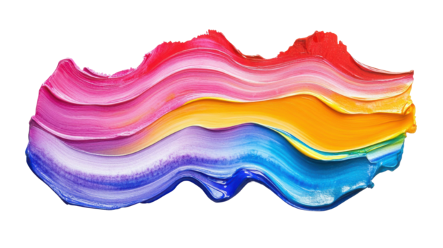Colorful brushstrokes of acrylic paint forming a vibrant wave on transparent background