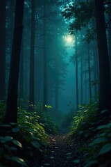 Luminous cap glowing softly in the dark jungle air, forest, night, entwined