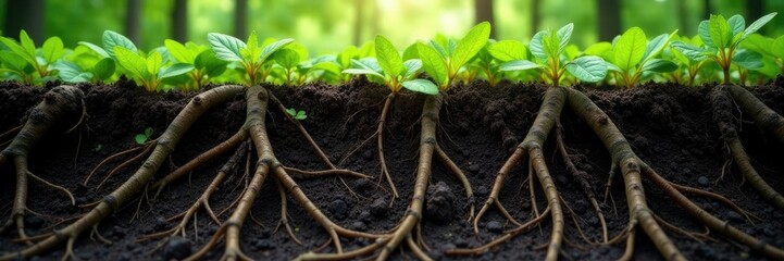 Roots spreading beneath the surface of forest soil, roots, forest floor