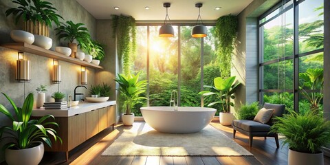 Fototapeta premium Modern Bathroom with Greenery and Natural Light: A Serene Retreat with Bokeh Effect, Featuring Elegant Fixtures, Indoor Plants, Soothing Colors, and Bright Sunlight for a Relaxing Atmosphere