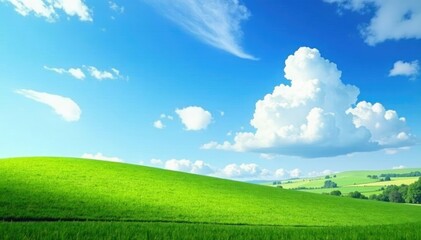Obraz premium serene landscape with green grass under blue sky and white clouds, blue, serene