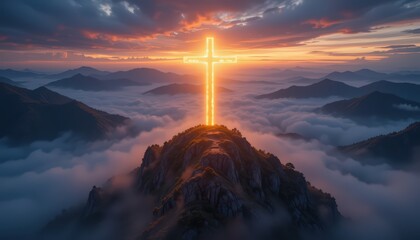 Fototapeta premium Golden Cross Atop Majestic Mountain Peak at Sunset