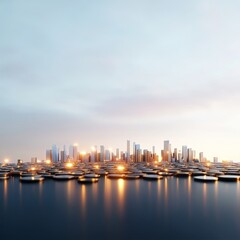 Fototapeta premium Futuristic waterfront city skyline at twilight showcasing illuminated buildings and serene water reflections under a pastel sky, a blend of nature and urban architecture.