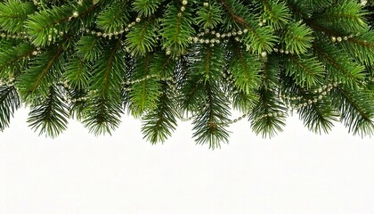 Obraz premium Green pine twigs, balls and garlands for Christmas top border isolated