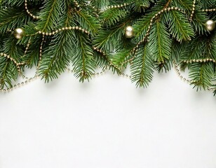 Obraz premium Green pine twigs, balls and garlands for Christmas top border isolated