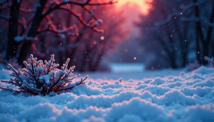 Snowflakes gently settle on a dark crimson landscape, frosty morning, icy texture, winter wonderland