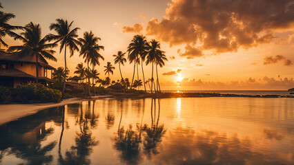 Obraz premium A tropical destination with a sunset backdrop near the ocean