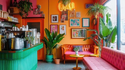 Fototapeta premium A lively coffee shop interior with bold color-blocked walls, mismatched neon furniture, and artistic decor