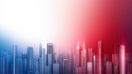 A stylized city skyline with a gradient from blue to red, evoking a modern and dynamic urban atmosphere.