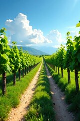 Naklejka premium Strada serpentina tra le vigne infiore sott'oltro sole, cielo azzurro, campagna
