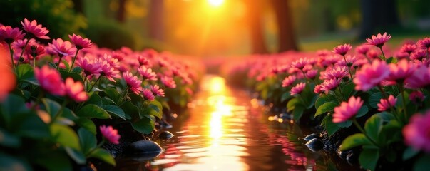 Fototapeta premium Sunset casts warm light on pink flower beds by a gentle stream, garden, bloom, hazy