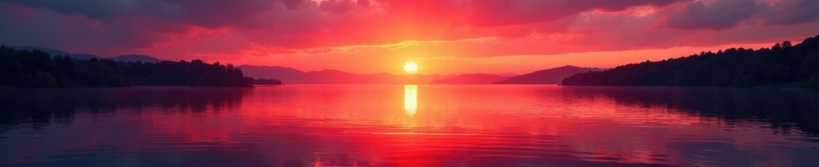 Fototapeta premium Sunset over a crimson lake with gentle water ripples, ripples, sunset