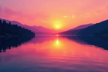 Obraz premium Sunset over a serene lake with a smooth gradient background from pink to orange, pink, sky