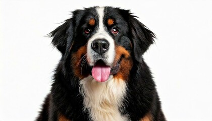 Happy Bernese mountain dog sitting on a white background and