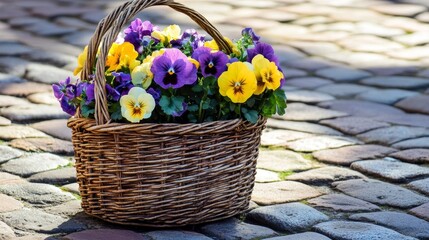 Vibrant Basket of Pansies Placed on Cobblestone Street, Showcasing Bright Yellow and Purple Flowers Surrounded by Green Foliage in Natural Light