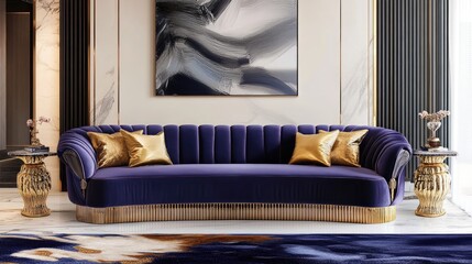 A luxurious living area with a royal purple couch, golden decorative pillows, and a navy blue rug