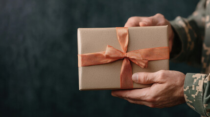 A soldier presents a neatly wrapped gift with an orange ribbon, symbolizing thoughtfulness and celebration.